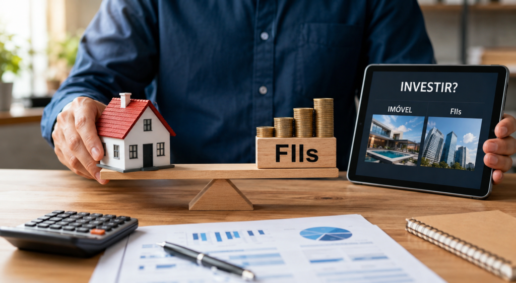 Imagem ilustrativa de alguém fazendo fluxo de investimentos em imóvel e FIIs