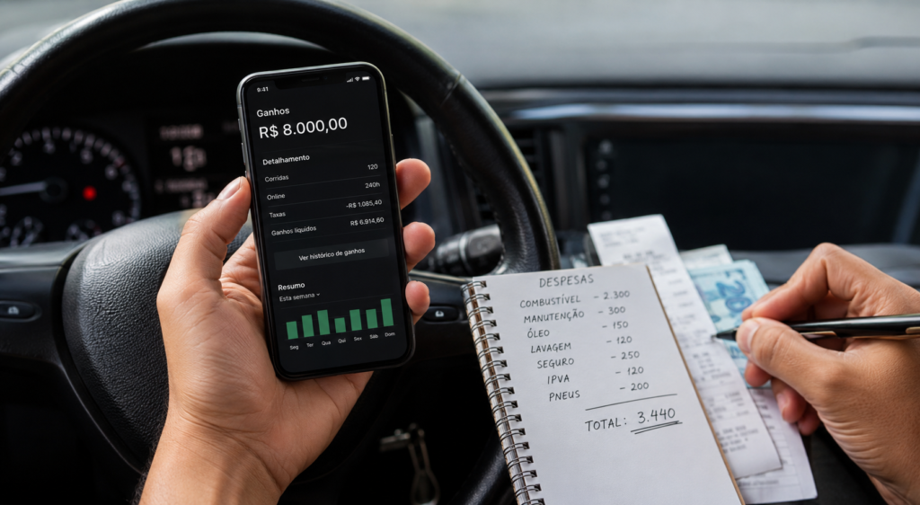 Imagem de um motorista de app fazendo contas das despesas