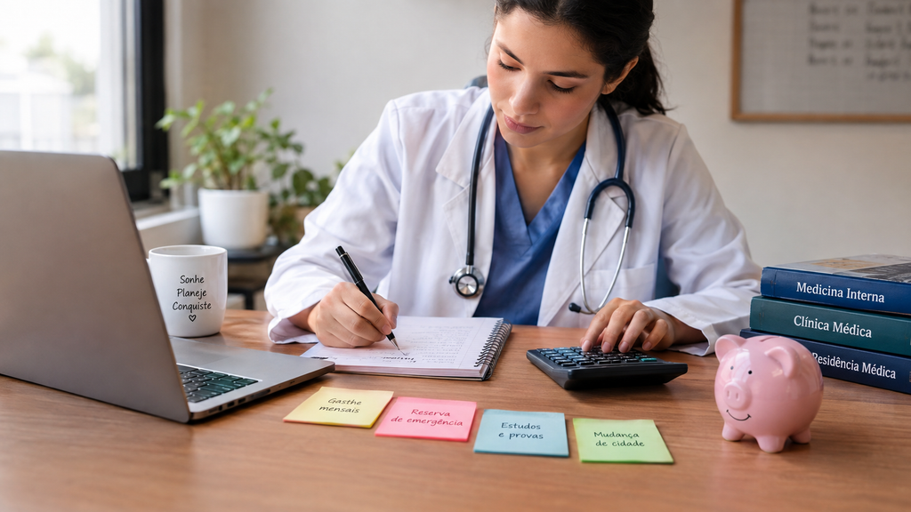 Ilustração de uma médica fazendo suas finanças pessoais